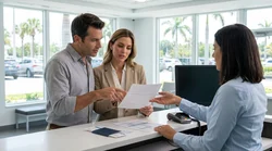 Person signing paperwork at a car rental counter in a Florida airport