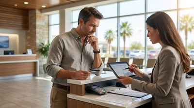 A customer reviewing documents at a car rental counter inside a sunny Texas airport