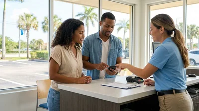 Traveler holding a smartphone and keys next to a car rental in a Florida parking lot