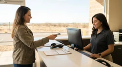 Close-up of a person handing a credit card to an agent at a Texas car hire counter