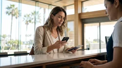 Traveler looking at a smartphone while standing next to a car rental vehicle in Los Angeles