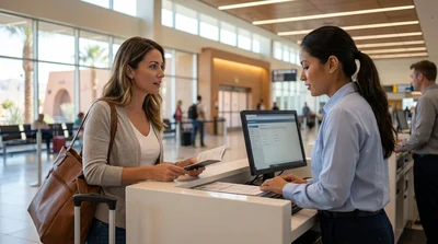 Customer holding a passport at a Las Vegas car rental counter
