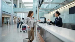 A traveler standing at the Hola car hire desk inside the SFO airport in San Francisco