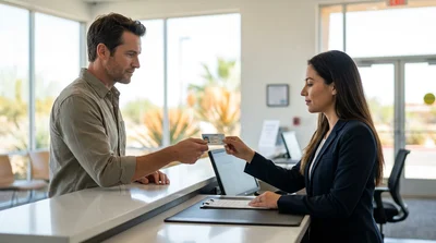 Customer handing a driving licence to an agent at a car rental counter in Texas