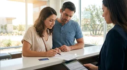 Customer reviewing a car rental agreement with a pen at a desk in Texas