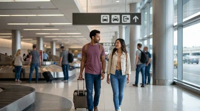 People with luggage walking through the baggage claim area of a New York airport toward the car rental counters