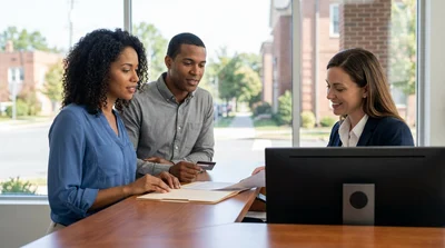 Customer presenting documents to an agent at a car rental desk in Pennsylvania