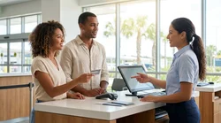 Person handing a credit card to an agent across a car rental counter in Orlando