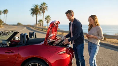 A person driving a car rental along a scenic coastal highway in California