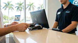 Close-up of a customer handing a credit card to an agent at a car hire counter in Miami