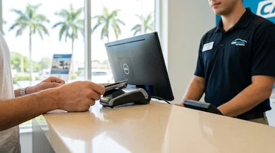 Close-up of a customer handing a credit card to an agent at a car hire counter in Miami
