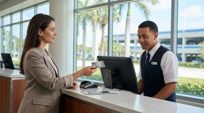 Business traveler handing a corporate credit card to a car hire agent at a desk in Florida