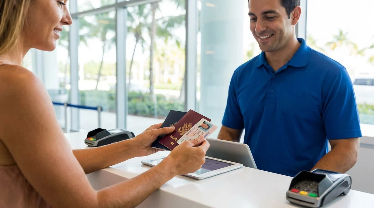 Customer presenting a passport and driver's licence at a Miami car rental desk