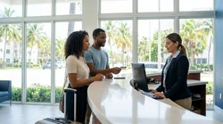 Person handing a credit card to an agent at a Miami car hire desk