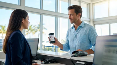 Woman holding a smartphone beside a white vehicle at a car rental lot in Miami