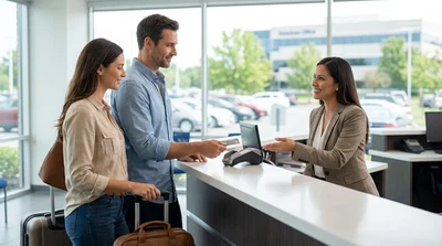 Customer handing a debit card to an agent at a Hola car hire desk in Pennsylvania