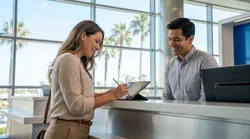 Close up of a customer signing a digital tablet at a car rental desk in California