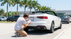 Person inspecting the rear license plate of a white car rental parked on a sunny street in Florida