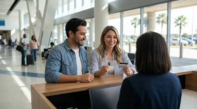 Customer handing their driver's license to an agent at a Texas car rental counter