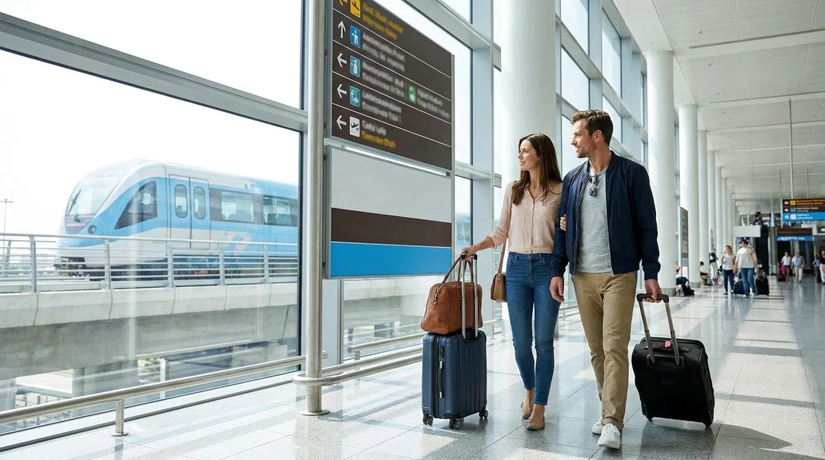 Passengers with luggage walking through the Orlando airport terminal toward the car rental desks