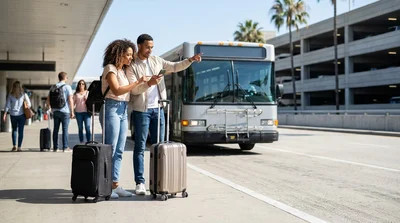 Travelers with luggage boarding a car rental shuttle bus at LAX in Los Angeles