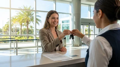 Young woman holding keys next to a car rental parked by palm trees in Florida