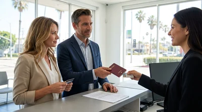 Traveler showing a passport and driver's license at a car rental desk in Los Angeles