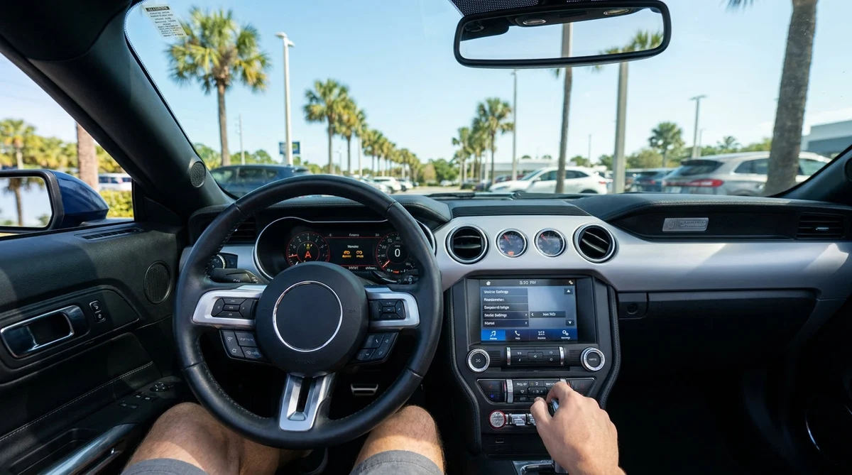 Illuminated dashboard warning lights behind a steering wheel of a car rental in sunny Florida