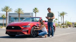 Person inspecting a white convertible car rental parked on a sunny street in Las Vegas