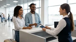Customer handing travel documents to an agent at a car hire counter in Pennsylvania