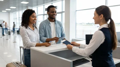 Customer handing travel documents to an agent at a car hire counter in Pennsylvania