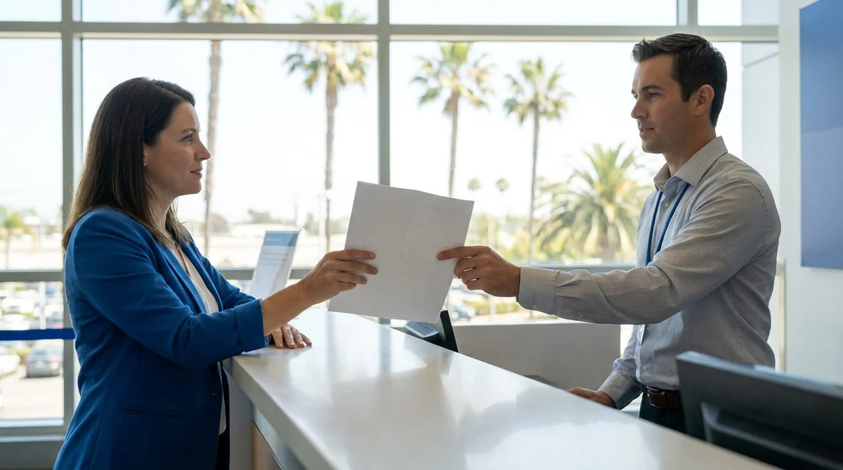 Person holding a paper license and vehicle keys at a car rental counter in California