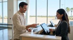 Customer handing a credit card to a car hire agent at a service counter in Texas