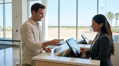 Customer handing a credit card to a car hire agent at a service counter in Texas