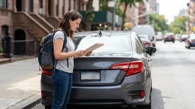 Modern car rental driving down a busy New York street surrounded by tall skyscrapers