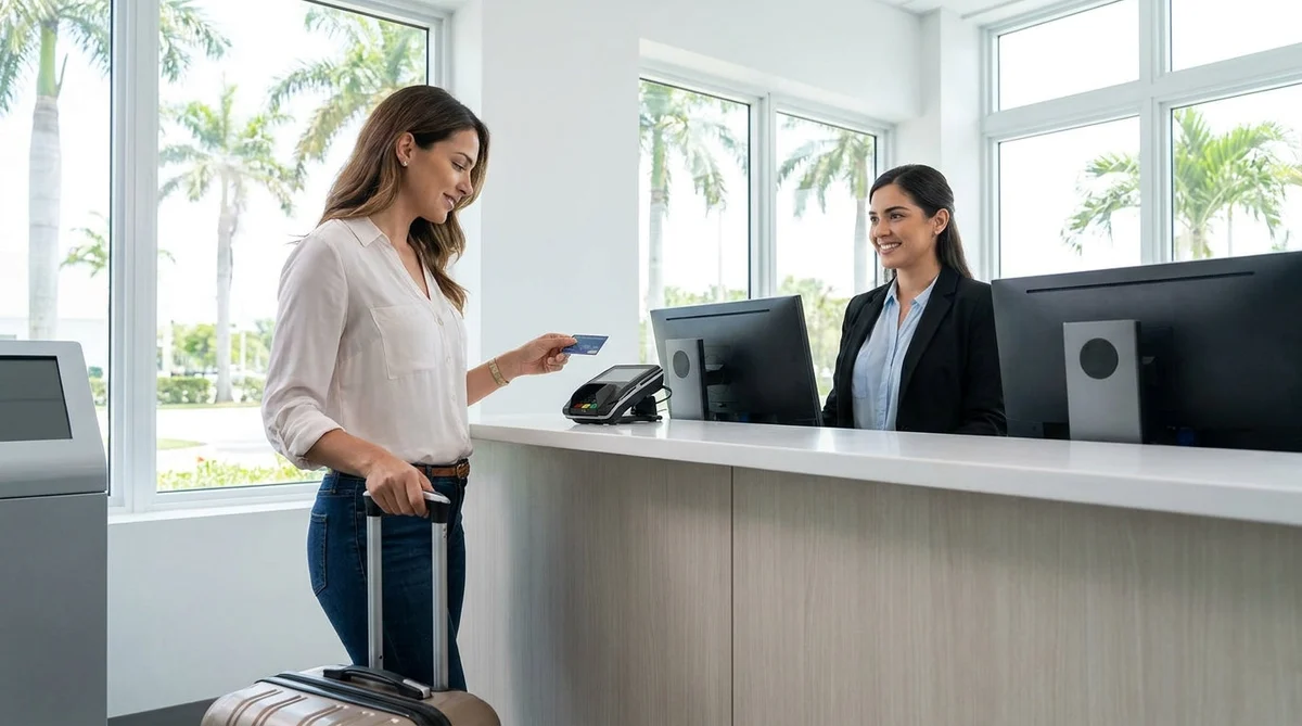 A customer hands a credit card to a service agent at a car hire desk in Miami
