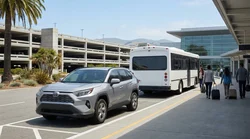 Travelers boarding a car rental shuttle bus outside the San Francisco airport terminal