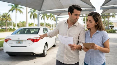 Person checking car rental paperwork next to a vehicle license plate under palm trees in Florida