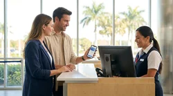 Person showing a digital driving licence on a smartphone at a Florida car rental counter