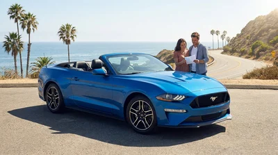 White convertible car rental driving along a scenic coastal highway in sunny California