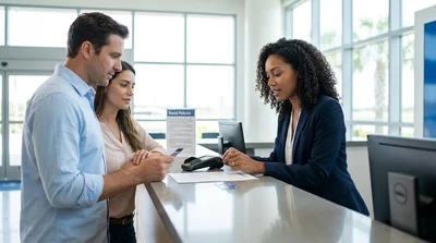 Customer holding a credit card and car keys at a car hire desk in Florida