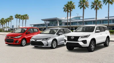 A compact and a standard vehicle parked at a sunny Orlando car rental lot under palm trees