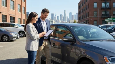 A set of keys on a car rental contract with the New York skyline visible through the window