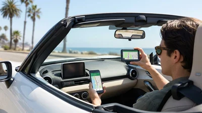 Dashboard view of a smartphone navigation map inside a car rental driving along a sunny California highway
