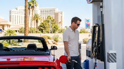 A person pumping gas into a car rental at a Las Vegas gas station