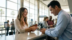 Close-up of a person handing a physical driving licence to an agent at a California car rental desk