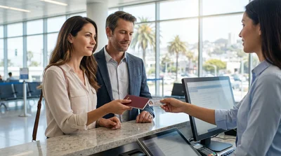 Person handing a passport and ID to a clerk at a San Francisco car rental desk