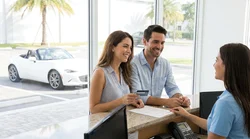 Person holding a credit card at a car hire desk inside a Miami airport terminal