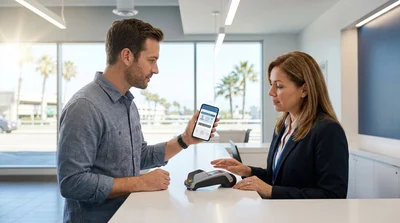 Customer holding a smartphone with a digital driving licence at a car rental counter in California
