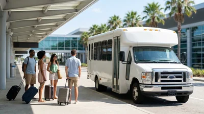 A white car rental shuttle bus picking up passengers outside the terminal at Miami Airport